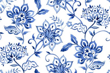 Suluboya doğulu süslemelerle kusursuz desen. mavi çiçek izi.
