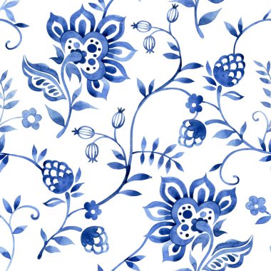 Suluboya doğulu süslemelerle kusursuz desen. mavi çiçek izi.