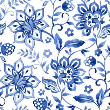 Suluboya doğulu süslemelerle kusursuz desen. mavi çiçek izi.