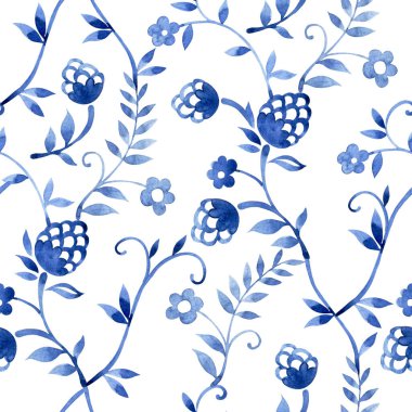 Suluboya doğulu süslemelerle kusursuz desen. Çiçek ve böğürtlenli mavi iz