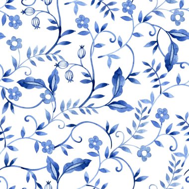 Suluboya doğulu süslemelerle kusursuz desen. Çiçek ve böğürtlenli mavi iz