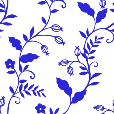 Doğulu süslemelerle kusursuz desen. Çiçekli ve meyveli mavi baskı.