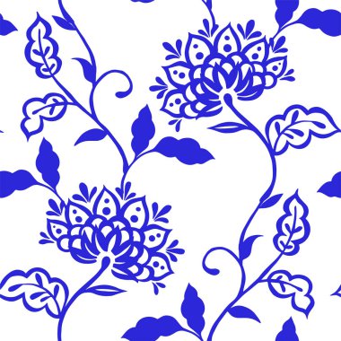 Doğulu süslemelerle kusursuz desen. Mavi çiçek izi..