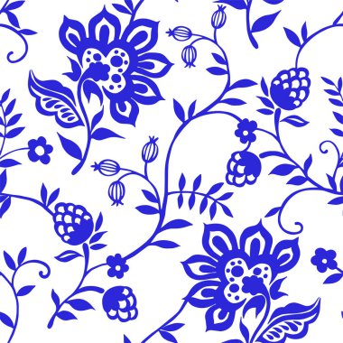 Doğulu süslemelerle kusursuz desen. Çiçekli ve meyveli mavi baskı.