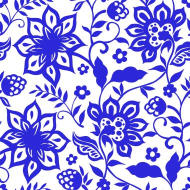Doğulu süslemelerle kusursuz desen. Çiçekli ve meyveli mavi baskı.