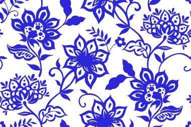 Doğulu süslemelerle kusursuz desen. Mavi çiçek izi..