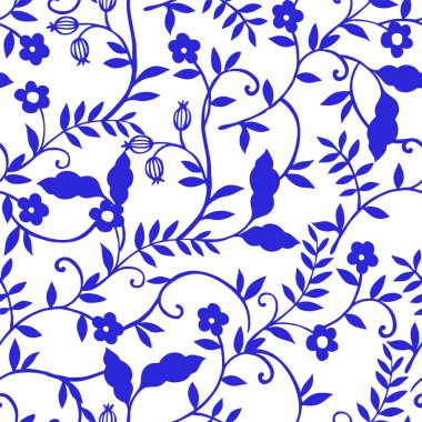 Doğulu süslemelerle kusursuz desen. Çiçekli ve meyveli mavi baskı.