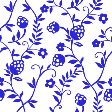 Doğulu süslemelerle kusursuz desen. Çiçekli ve meyveli mavi baskı.