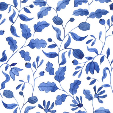 Soyut mavi çiçeklerin kusursuz desenleri ve halk tarzında yapraklar. modern suluboya baskı