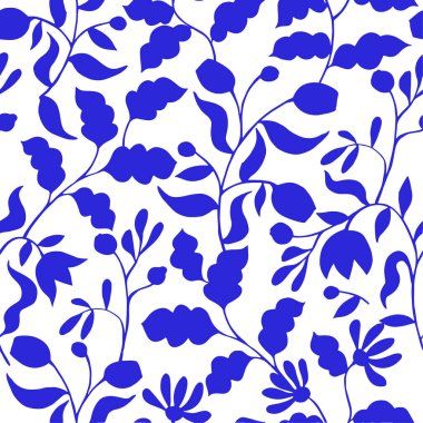 Soyut mavi çiçeklerin kusursuz deseni ve halk tarzında yapraklar. Modern vektör baskısı.