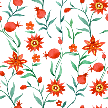 Çiçekler ve nar meyveleriyle sulu boya desenleri. süsleme