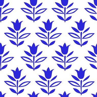 Çiçekler ve elmaslarla kusursuz bir desen. Mavi antika baskı.