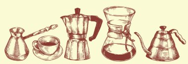 Kahve, fasulye, içecek, kahve makinesi. Klasik çizim tarzında vektör illüstrasyonu
