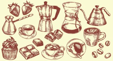 Kahve makinesi, kahve makinesi, çikolata. Klasik çizim tarzında vektör illüstrasyonu