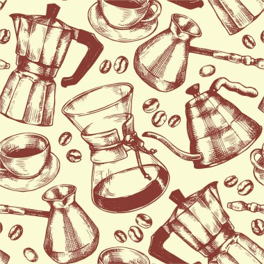 Kahve çekirdekleri ve kahve makineleriyle kusursuz vektör deseni. Eskiz biçiminde vintage yazdırma