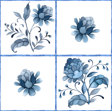 Suluboya kusursuz desen mavisi. Çiçekli süslemelerle süslü. Klasik stil