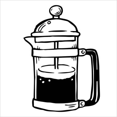 Kahveli French press. Karalama biçiminde vektör illüstrasyonu, çizgi film