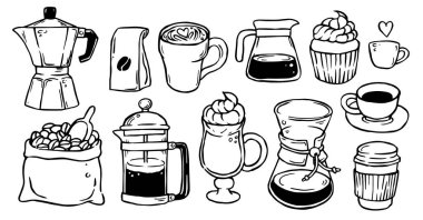 Kahve ve kahve kapları olan şirin bir set. Karalama biçiminde vektör illüstrasyonu, çizgi film