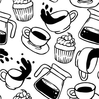 Kahve ve kahve demlikleri ile kusursuz bir desen. Karalama biçiminde vektör illüstrasyonu, çizgi film