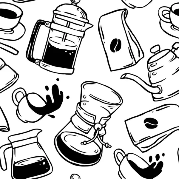 Kahve ve kahve demlikleri ile kusursuz bir desen. Karalama biçiminde vektör illüstrasyonu, çizgi film