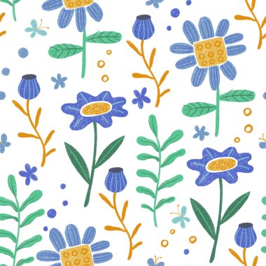 Çocuklar pastel boya çiziyor. Soyut çiçeklerle kusursuz desen