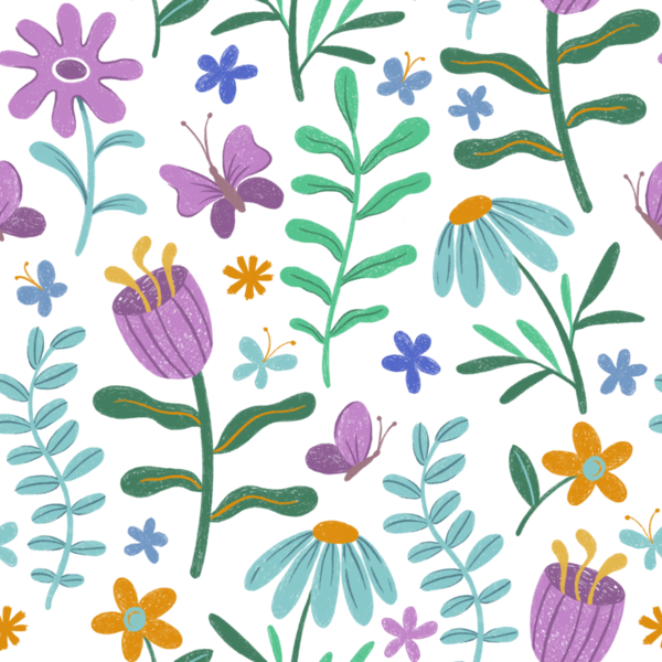 Çocuklar pastel boya çiziyor. Soyut çiçeklerle kusursuz desen