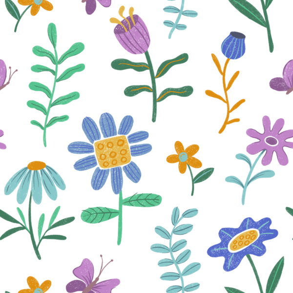 Çocuklar pastel boya çiziyor. Soyut çiçeklerle kusursuz desen