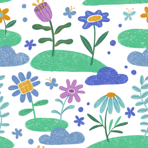 Çocuklar pastel boya çiziyor. Soyut çiçeklerle kusursuz desen