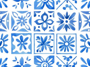 Pürüzsüz desen ve mavi fayansların üzerindeki süs halk tarzında. Suluboya çizimi