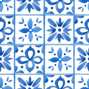 Pürüzsüz desen ve mavi fayansların üzerindeki süs halk tarzında. Suluboya çizimi