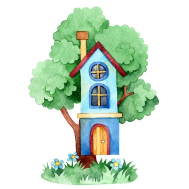 Cute tree house. Watercolor illustration for children. Clip art