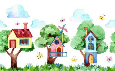 cute tree houses. Watercolor illustration for children