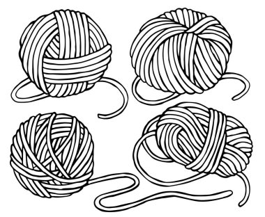 Örgü ve tığ işi temasının vektör çizimi. Bir takım iplik ve örgü aletleri... boyama kitabı.