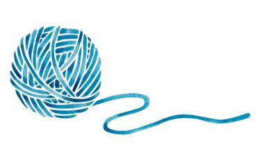 Mavi iplik yumağını içeren bir örgü deseninin suluboya çizimi.