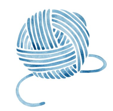 Mavi iplik yumağını içeren bir örgü deseninin suluboya çizimi.