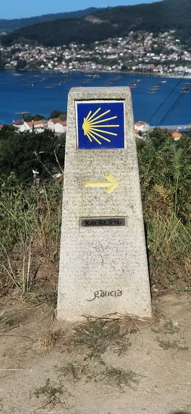 Santiago de Compostela 'ya giden yolu gösteren sarı deniz tarağı kabuğu ve okla mil taşı işareti.