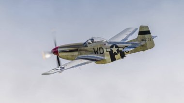 Cosford, İngiltere - 12 Haziran 2022: İkinci Dünya Savaşı 'ndan kalma Consolidated P51 Mustang savaş uçağı mavi gökyüzüne karşı uçuyor. Yakın çekim.