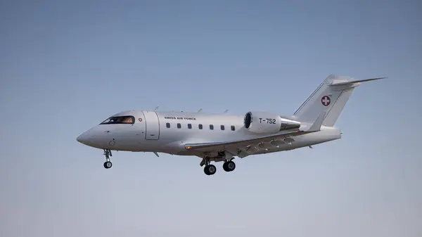 stock image Fairford, UK - 14th July 2022: Swiss Airforce Bombardier Challenger 604 landing at airfield