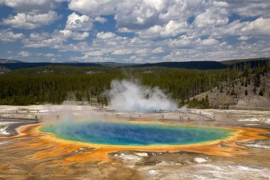 GRAND PRISMATIC SPRING STANDS OUT AGAINST THE WYOMING SKY IN THE MIDWAY GEYSER BASIN IN YELLOWSTONE NATIONAL PARK. clipart