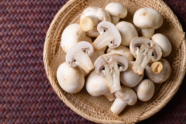 stock image Fresh white champignon mushroom in basket, top view