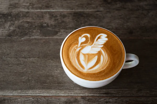 Latte Art Coffee Swan Shape Coffee Cup Wood Background Hot — Stok Foto