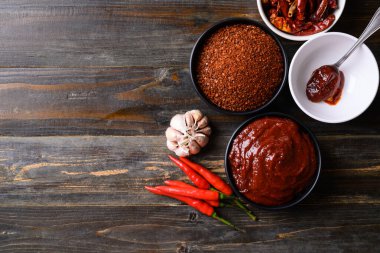 Gochujang (kırmızı biber ezmesi), Kore yemeklerinde baharatlı ve tatlı mayalanmış sos, masa üstü görünümü