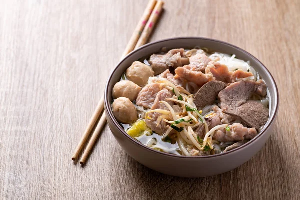 Rice Noodles Soup Pork Bowl Wooden Background Asian Food — Stock Photo, Image