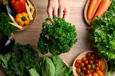 Fresh organic vegetables from local farmers market, Sustainability concept, Table top view