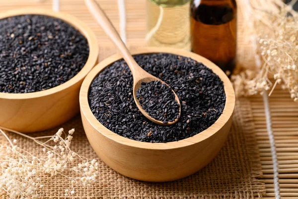 Zwarte Sesamzaad Olie Voedselingrediënten Aziatische Keuken — Stockfoto