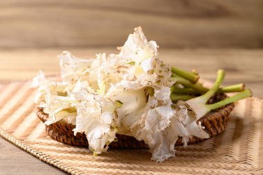 Tayland 'ın kuzeyindeki organik yerel çiftçi pazarından yenilebilir çiçekler (Dolichandrone serrulata)