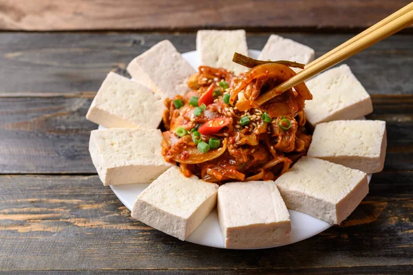 stock image Korean food, Tofu and stir fried kimchi with pork (Dubu Kimchi)