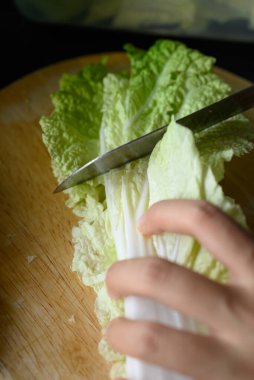 Tahta keserken doğranmış Çin lahanası Kore kimçili lahanasına hazır olun.