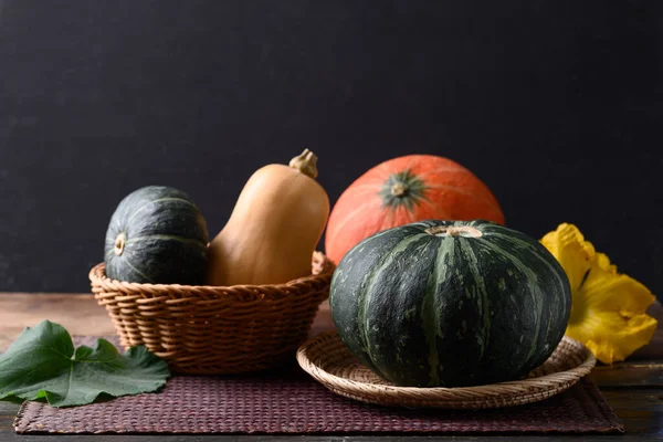 Pumpkin Butternut Squash Wooden Table Black Background Organic Vegetable Autumn — Stock Photo, Image