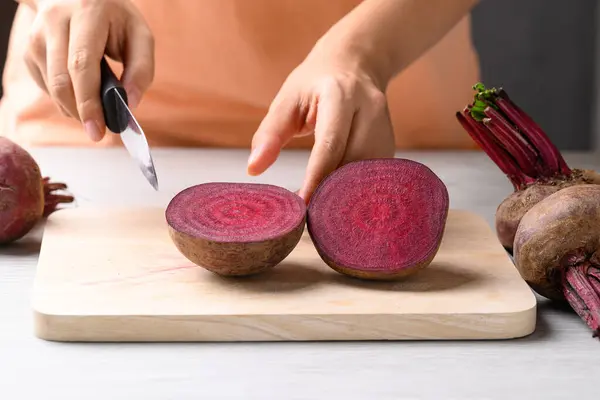 Fresh Beetroot Cutting Wooden Board Hand Homemade Cooking Royalty Free Stock Images